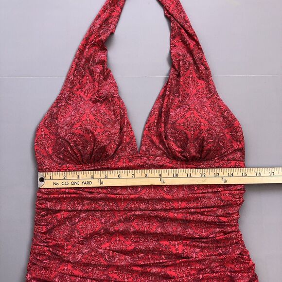 COOLIBAR Women 14 One Piece Swimsuit Halter Ruched UPF 50+ Paisley Red New - Picture 7 of 11